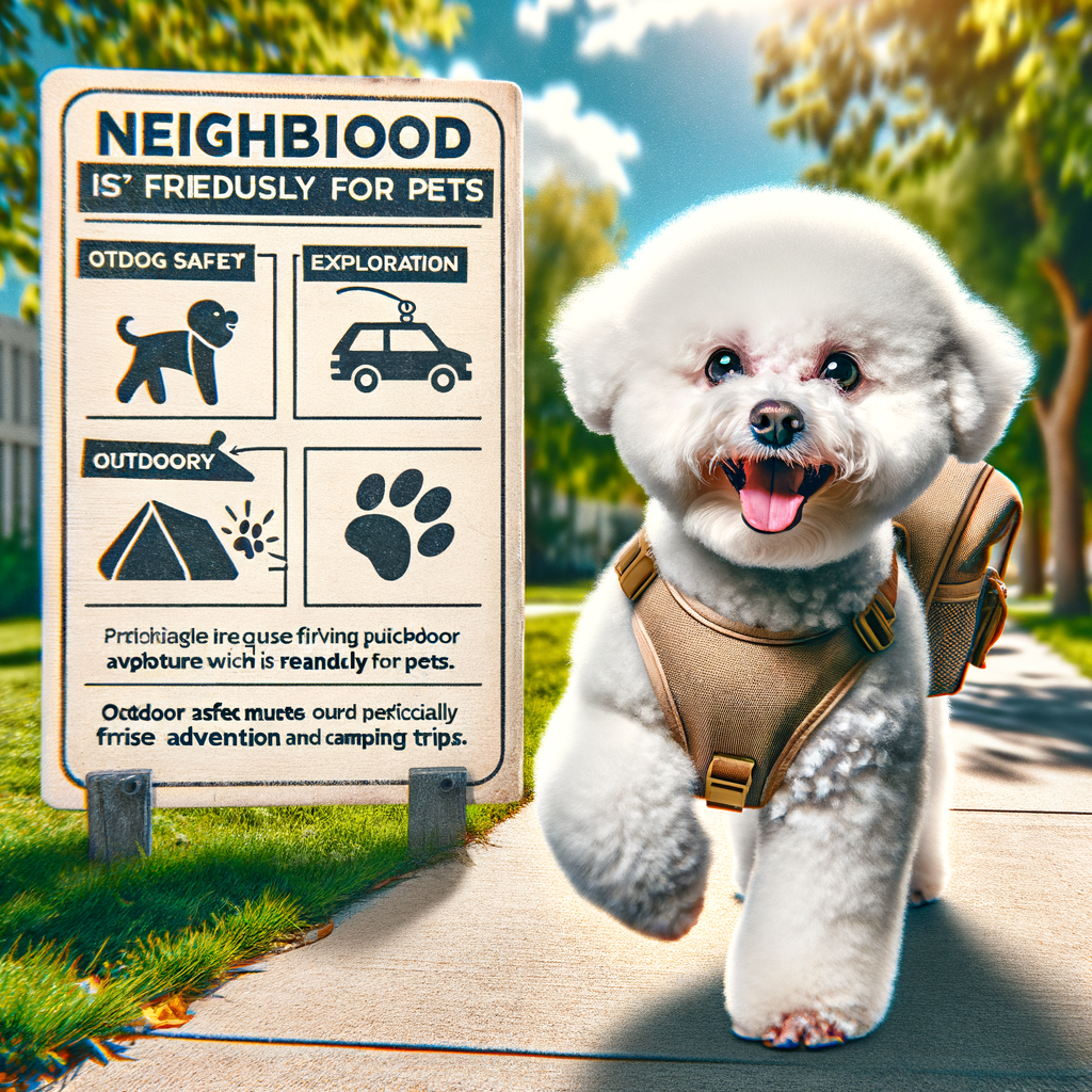 Bichon Frise enjoying outdoor activities at a pet-friendly park, equipped for hiking and camping, demonstrating safety measures and adventure tips for outdoor training and traveling with Bichon Frise.