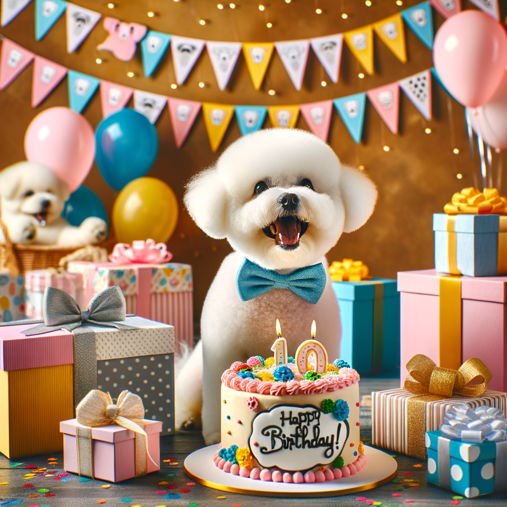 Bichon Frise joyfully celebrating its birthday with a Bichon Frise-themed party, complete with a Bichon Frise birthday cake, dog party decorations, and birthday gifts, showcasing pet-friendly party ideas for a Bichon Frise birthday celebration.