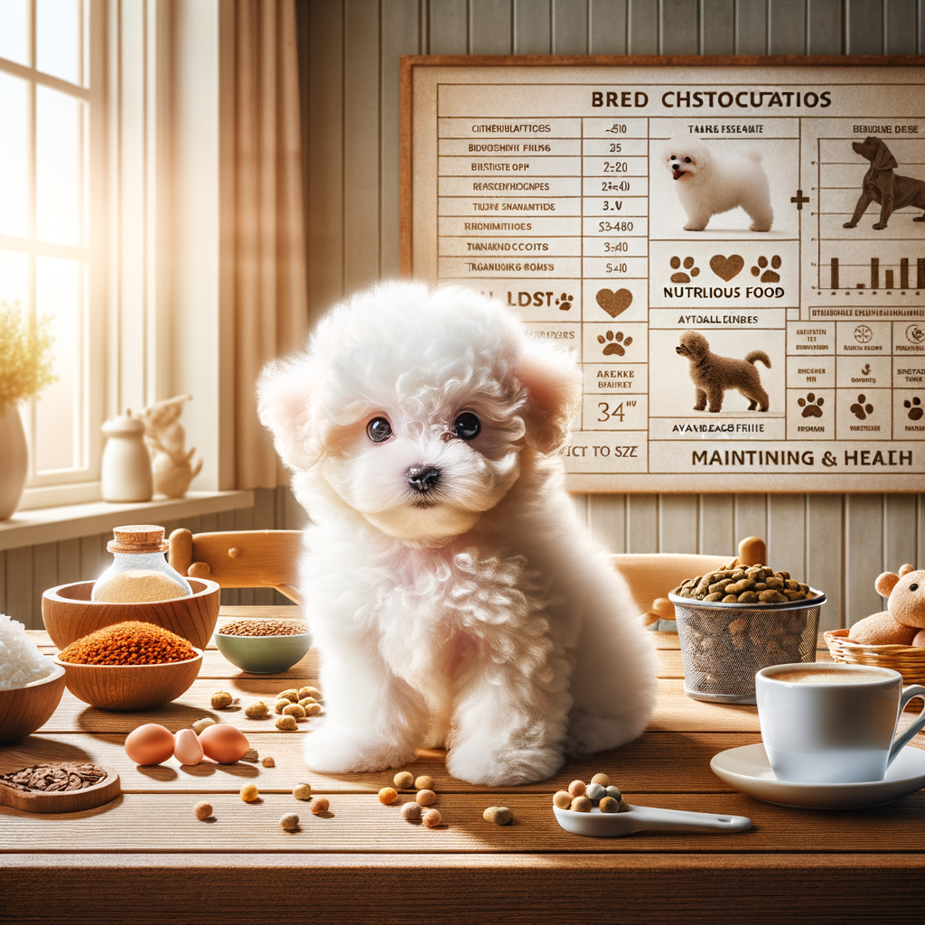 Teacup Bichon Frise puppy in a home setting with Bichon Frise care elements like diet, training tools, and size comparison chart, providing essential Teacup Bichon Frise breed information, lifespan, and health tips.