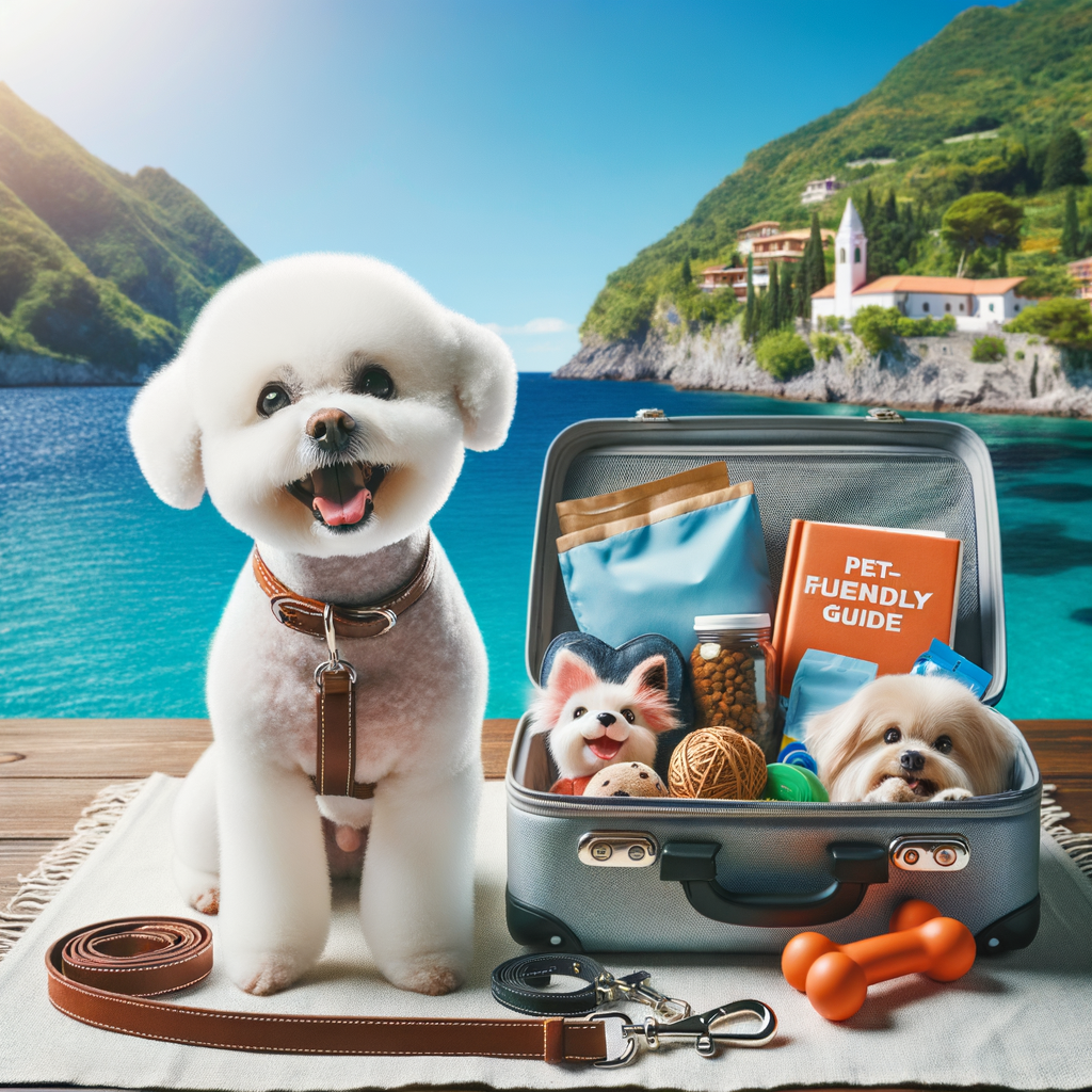 Bichon Frise enjoying a scenic vacation spot, suitcase nearby, representing the ultimate Bichon Frise vacation guide and travel tips for a pawsome holiday.
