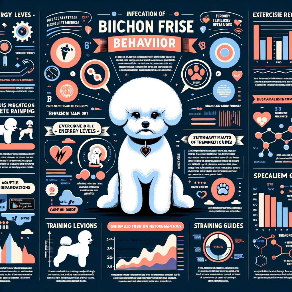 Infographic detailing Bichon Frise behavior, exercise needs, and temperament with tips on managing Bichon Frise energy, understanding their activity levels, and a comprehensive Bichon Frise care guide including training tips and breed information.