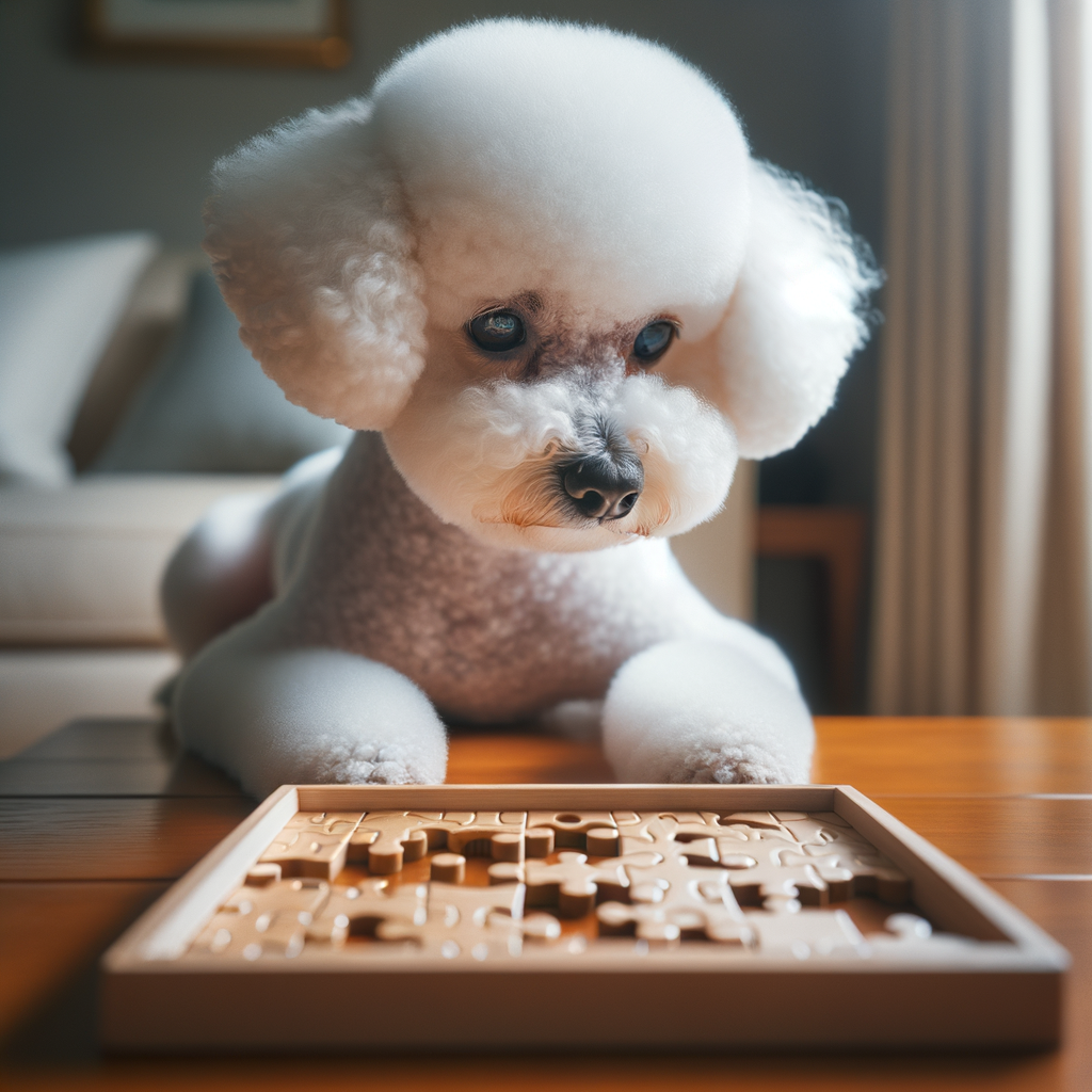 Bichon Frise engaging in mental stimulation exercise with a puzzle toy, showcasing Bichon Frise intelligence and the effectiveness of brain training in boosting the dog's brain power and improving its mental health.