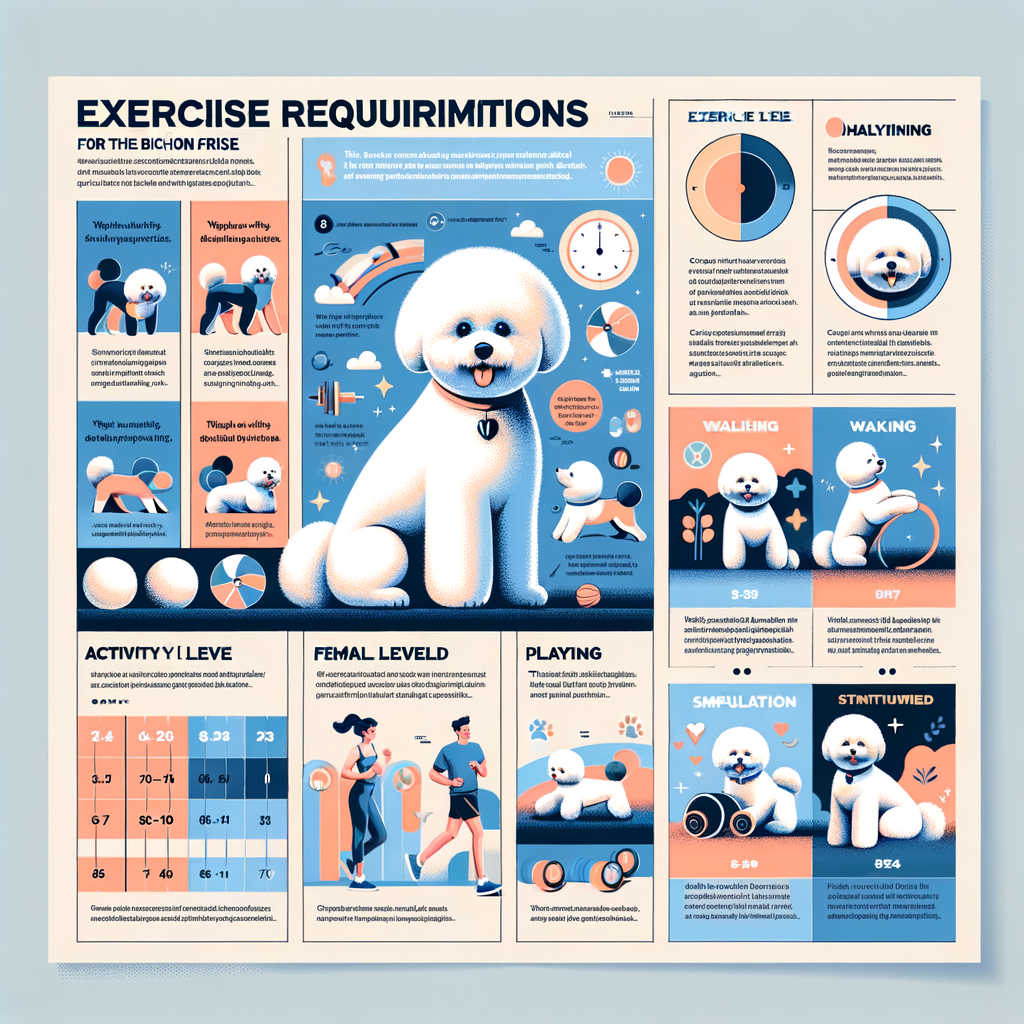 Infographic illustrating Bichon Frise exercise requirements, showcasing the breed's activity level, exercise quota, and physical activity needs for understanding Bichon Frise exercise routine and meeting their exercise quota.