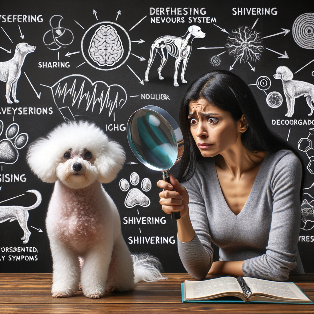 Owner studying Bichon Frise shaking symptoms with magnifying glass, understanding Bichon Frise behavior and health issues, decoding reasons for Bichon Frise shaking and anxiety, and learning about Bichon Frise nervous system and health conditions.