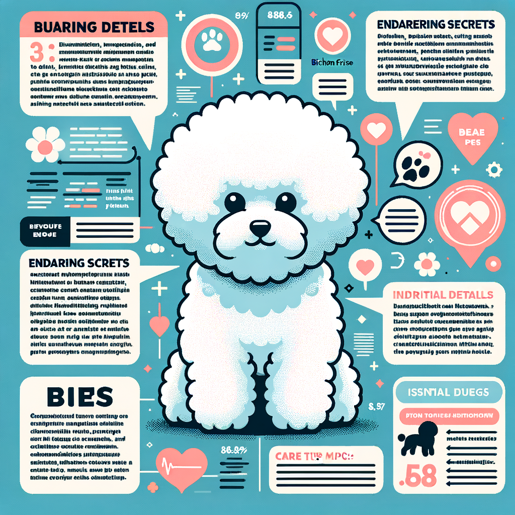 Adorable Bichon Frises illustration showcasing key traits, behavior, and interesting facts, along with secrets and care tips for understanding and caring for these cute dogs.