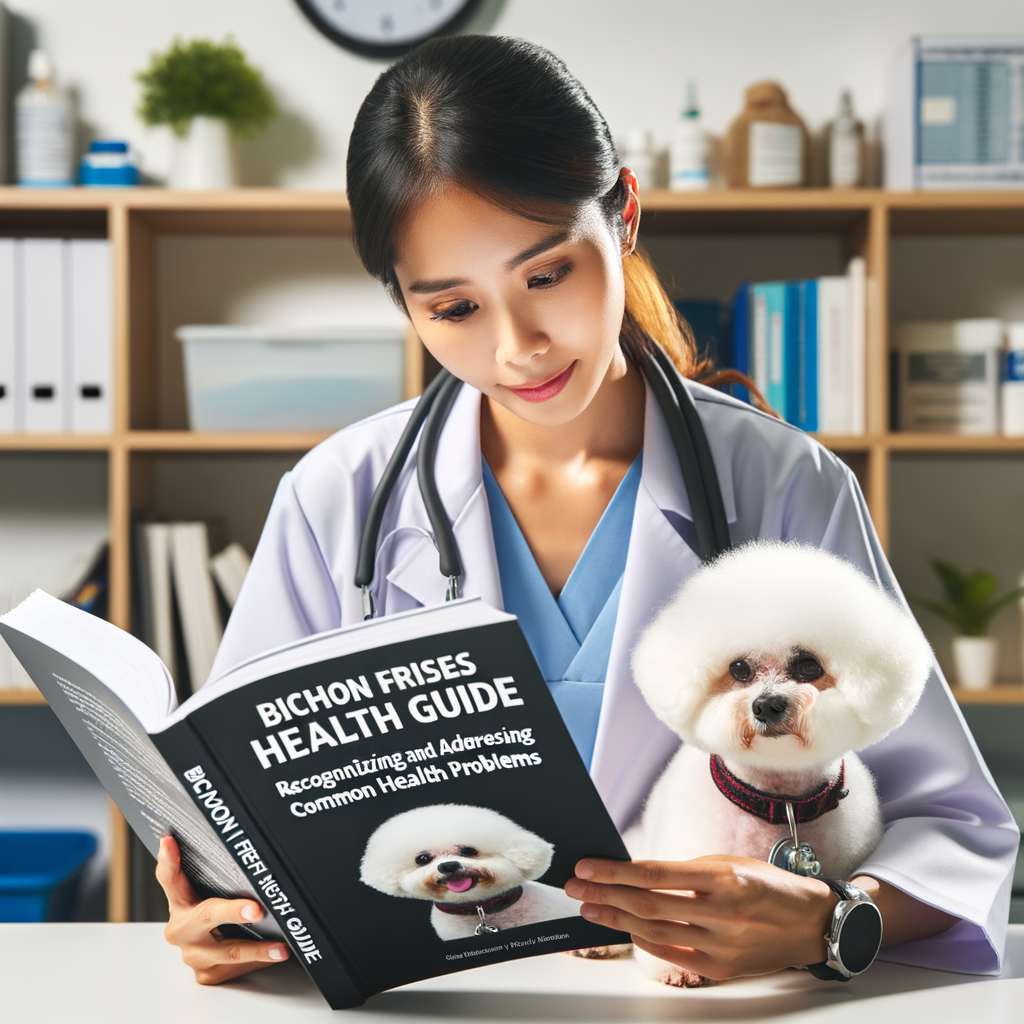 Veterinarian addressing Bichon Frises health issues, providing health care tips from 'Bichon Frises Health Guide' for recognizing and preventing common health problems.
