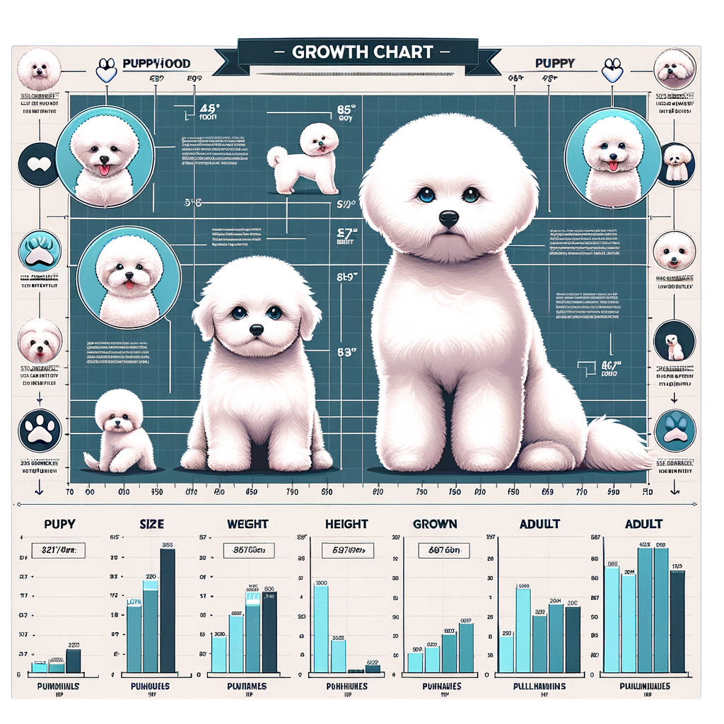 Bichon Frises growth chart infographic showing Bichon Frises average size, weight, height, and size comparison from puppy to full grown, illustrating typical Bichon Frises breed size.