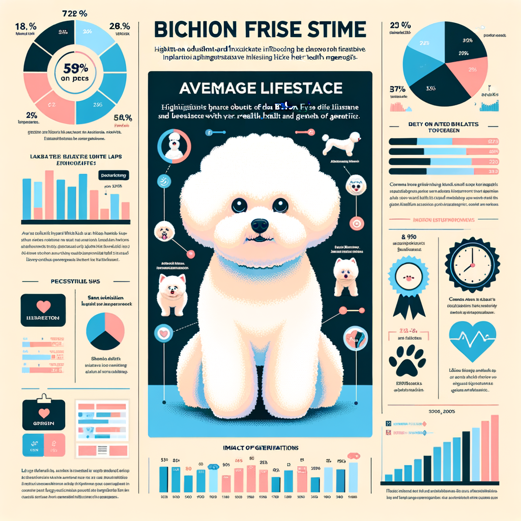 Infographic illustrating Bichon Frise lifespan facts, average life expectancy of Bichon Frise, and key factors like health and genetics influencing Bichon Frise longevity.