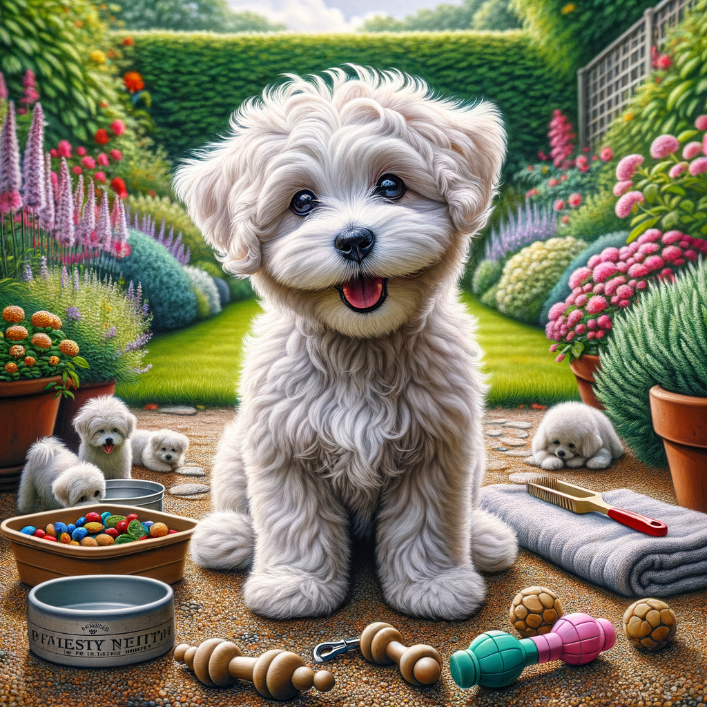 Healthy and playful Maltese Bichon Frise Mix puppy showcasing unique Maltese Mix Breeds and Bichon Frise Mix Breeds characteristics in a well-maintained garden, symbolizing proper Maltese Bichon Frise Mix Care, Training, Health, and Lifespan.