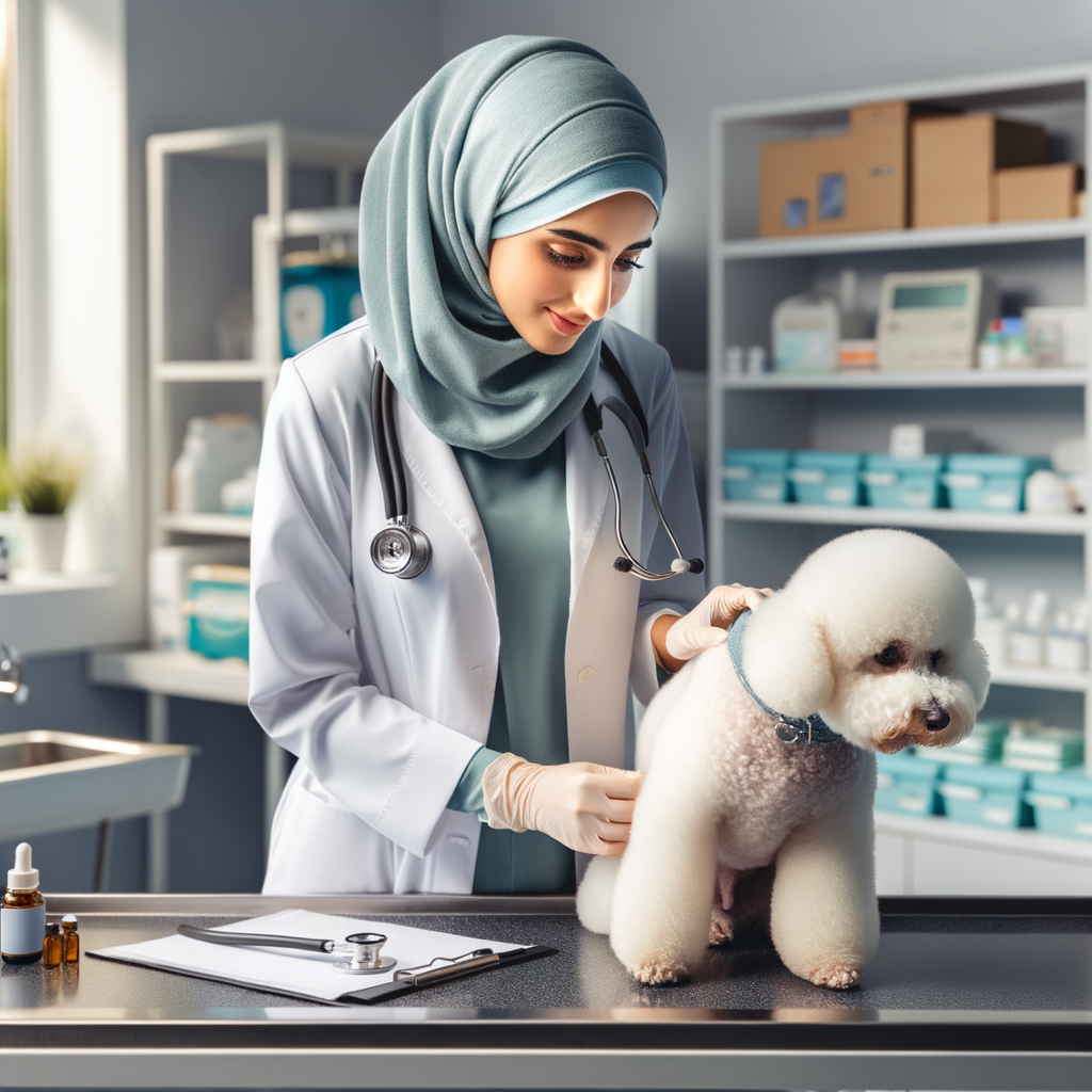 Veterinarian performing regular check-up for Bichon Frise, highlighting the importance of vet visits for maintaining Bichon Frise health and providing health tips.