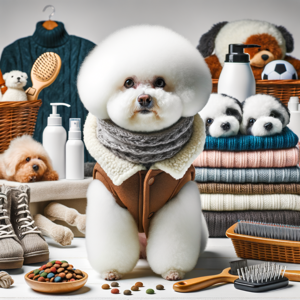 Bichon Frise winter care essentials including seasonal grooming tools, winter coat care, nutritious diet, and exercise equipment for preparing Bichon Frise for cold weather.