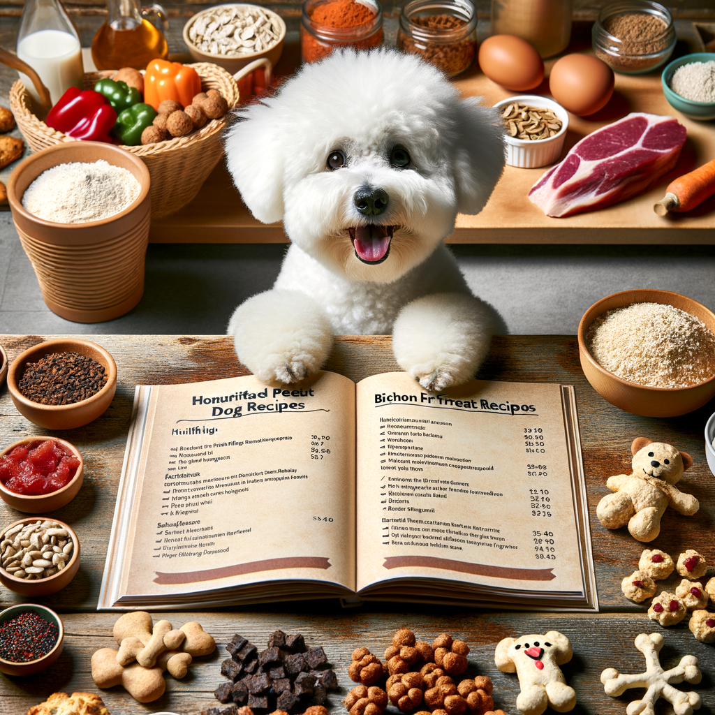 Happy Bichon Frise eyeing nutritious homemade dog treats from DIY Bichon Frise food recipe book, highlighting healthy treats for Bichon Frise diet and showcasing Bichon Frise treat recipes and food preferences.